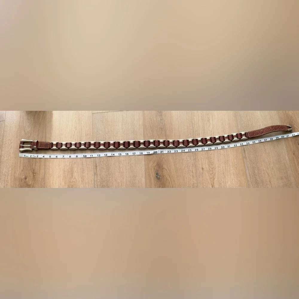 Vintage Leather Brown Unique Heavy Silvertone Embellished Woven Belt
